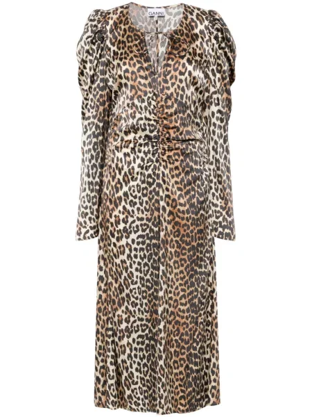 Rochie midi Ganni cu imagine cu model leopard până la genunchi maro