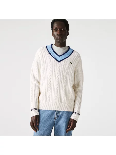 Lacoste Unisexowy Sweter Z Dekoltem W Serek I Wzorem W Kolorze Białym biały