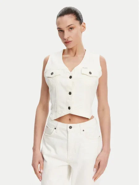 Дънков елек Guess Jeans с едно копче бежово