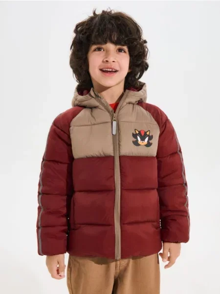 Sinsay Prošívaná puffer bunda s kapucí Sonic the Hedgehog hnědá