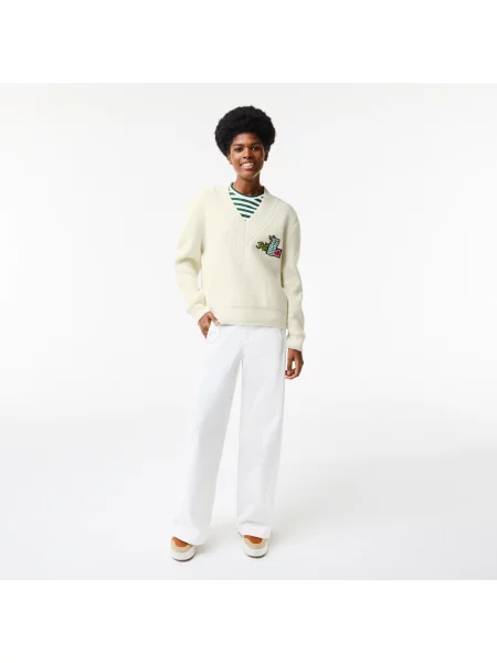 Lacoste Sweter Świąteczny Z Wełnianym Dekoltem W Serek Lacoste