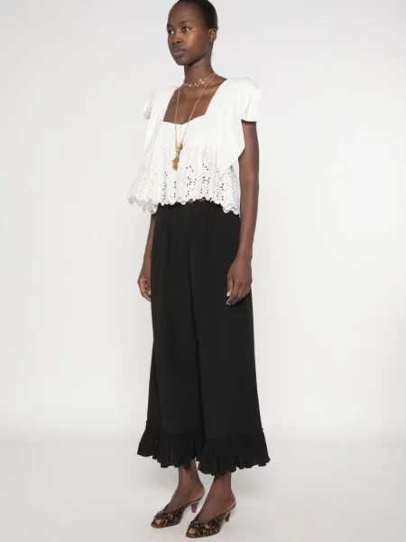 Pantaloni Chloé de mătase cu volane negru