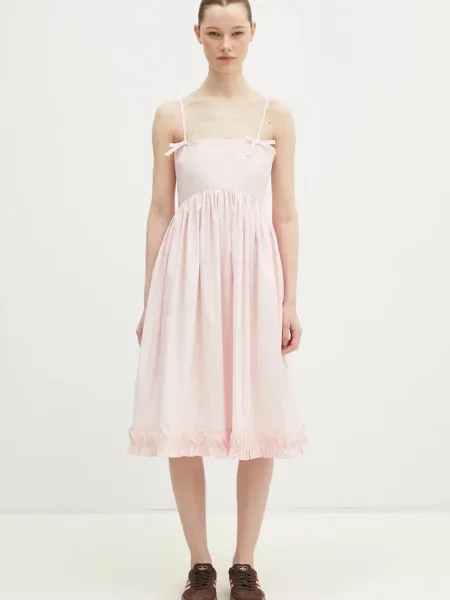 GANNI sukienka Cotton Poplin Strap mini rozkloszowana różowy