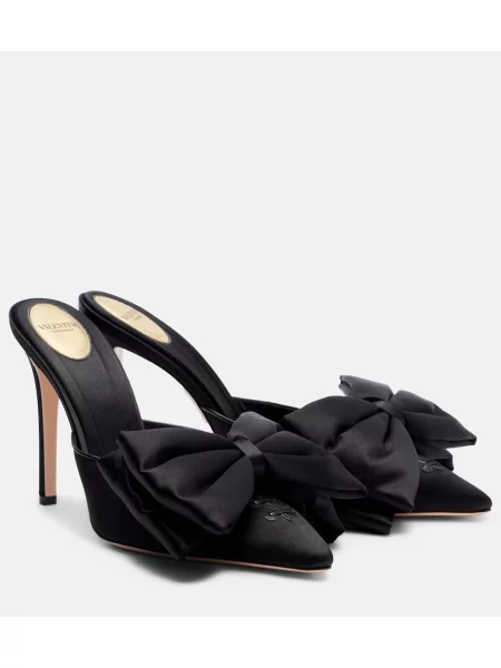 Papuci tip mules Valentino Garavani cu funde din satin negru
