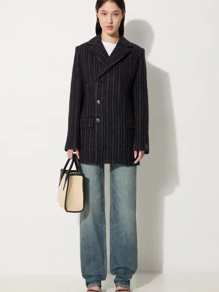 Вовняне пальто Kenzo Tennis Stripes Pea Coat перехідне двобортне чорний