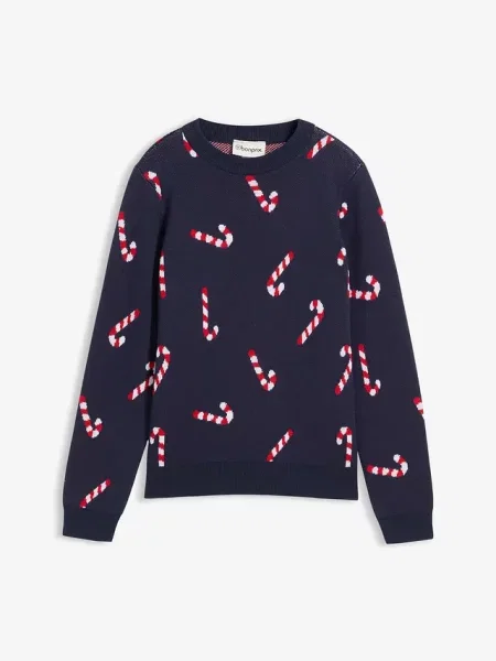 Sweter z cienkiej dzianiny z miękkiej mieszanki bawełny z motywem bożonarodzeniowym niebieski