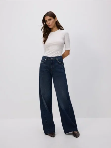 Reserved Wide leg džínsy s prešívaním indigo jeans