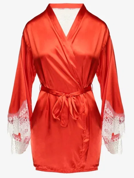 Satynowy Szlafrok z Koronką i Wiązanym Pascalle czerwony