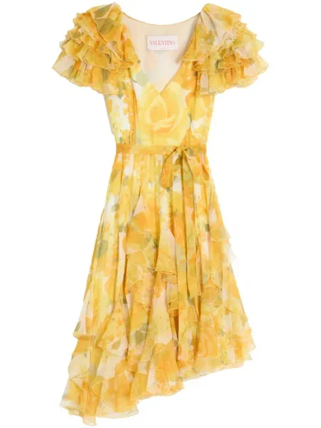 Rochie midi Valentino Garavani din șifon cu model floral până la genunchi galben