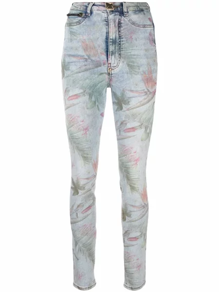 Skinny jeansy skinny Philipp Plein w kwiatki z nadrukiem niebieskie