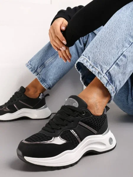 Sneakersy z Tłoczonego Materiału z Brokatowymi i Metalicznymi Wstawkami Thermia czarne