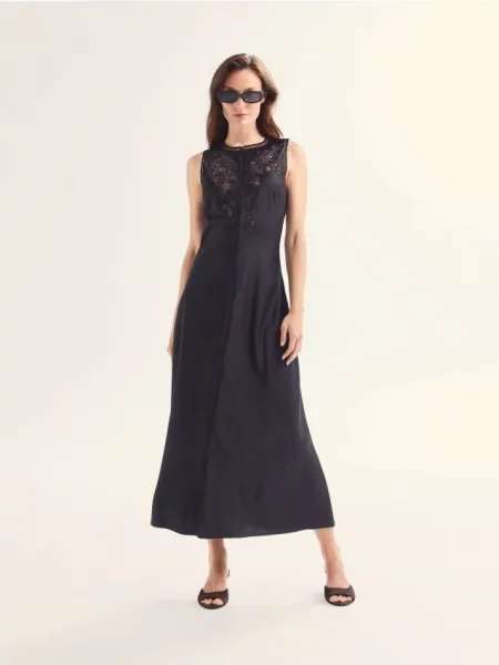 Reserved Rochie midi cu inserții ajurate maro-închis maro