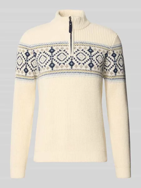 Sweter z norweskim wzorem z mieszanki wełny z kołnierzem zapinanym Ragman biały