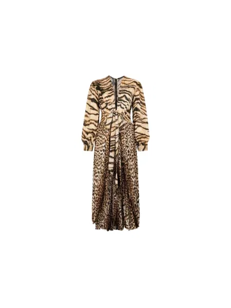 Sukienka midi Roberto Cavalli z nadrukiem zwierzęcym do kolan brązowa