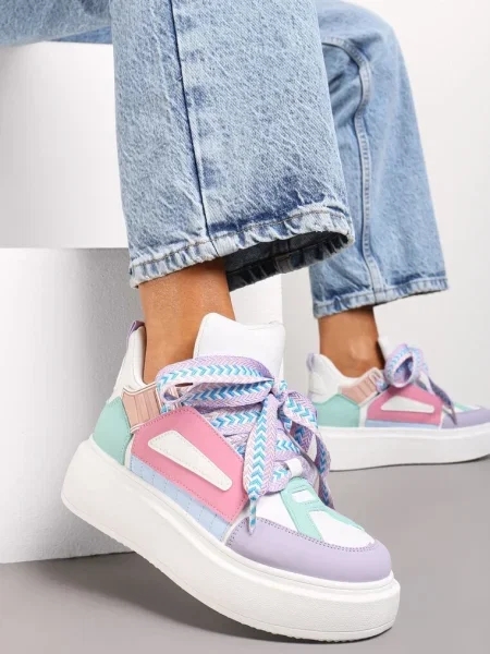 Sneakers Albi-Violet pe Platformă Joasă cu Șireturi Late model Vidira alb