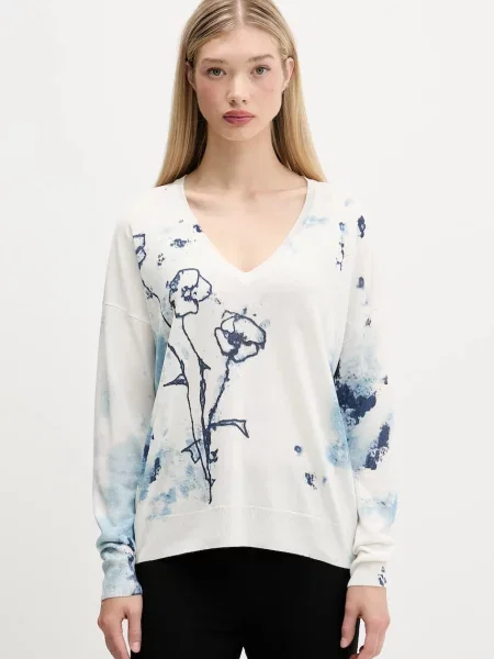 Пуловер с лен Desigual HELSINKI бежово от лека материя синьо