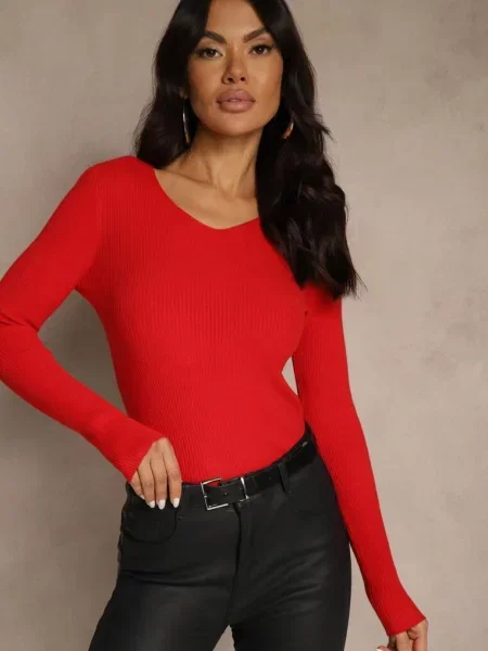 Sweter z Bawełną z Prążkowanej Dzianiny Reisaria czerwony