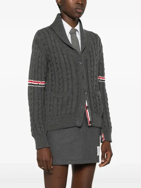 Cardigan Thom Browne cu dungi tricotate gri