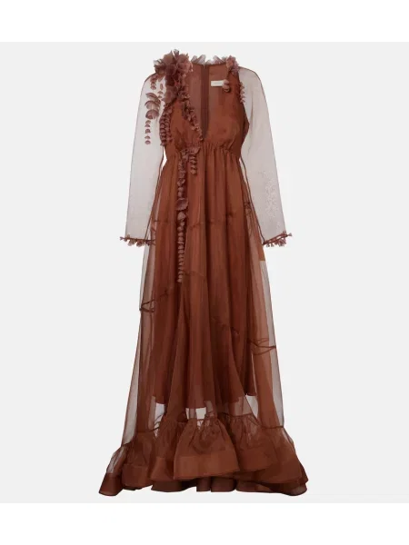 Rochie maxi Zimmermann de mătase cu model floral de costum maro