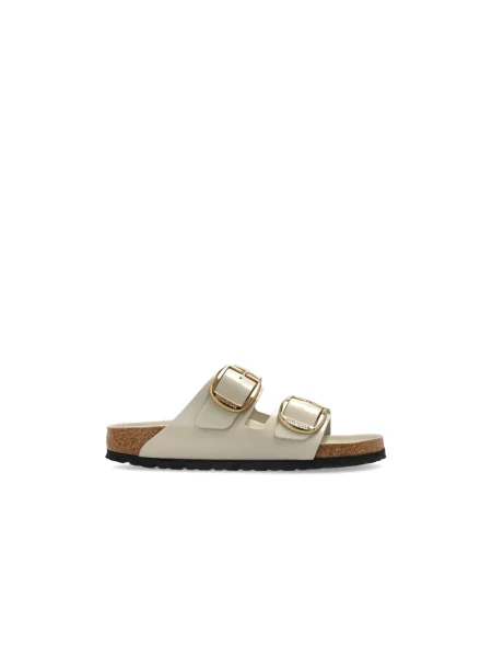 Birkenstock Arizona Big Buckle klapki na płaskim skórzane beżowe