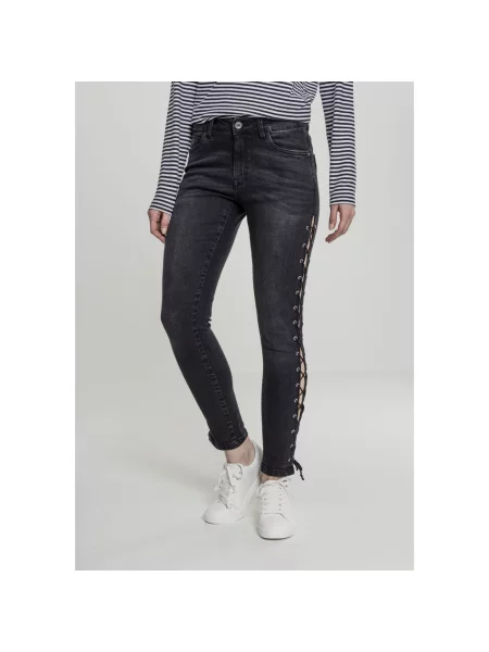 Pantaloni Urban Classics cu șireturi din dantelă skinny fit negru