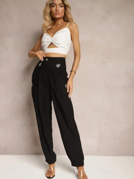 Spodnie High Waist Ozdobione Cyrkoniami Sajara czarne