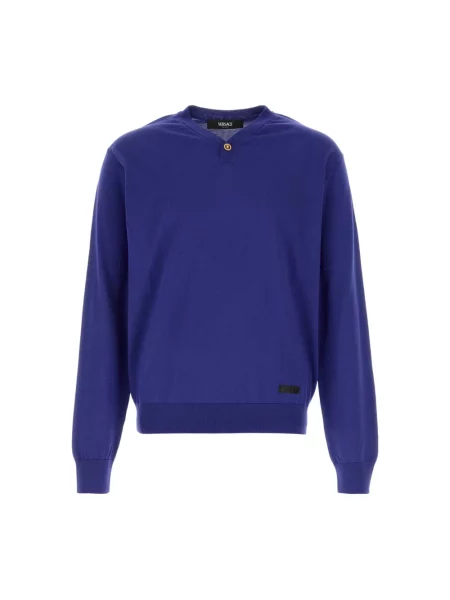 Dzianinowy sweter Versace z dekoltem w serek niebieski