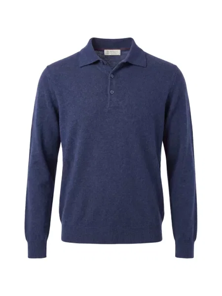 Gulerat lung tricou polo Brunello Cucinelli din cașmir albastru