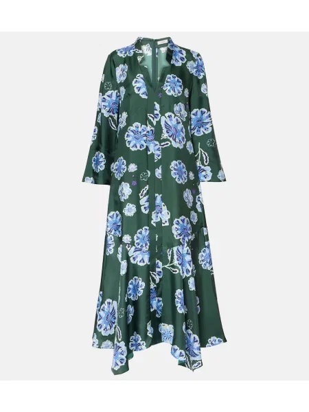 Rochie midi Dorothee Schumacher de mătase cu model floral până la genunchi verde