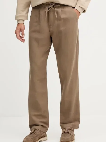 Kalhoty s lněnou směsí Guess přiléhavé hnědá
