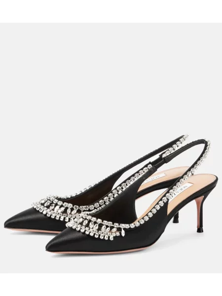 Pantofi cu toc Aquazzura din satin slingback de cristal negru