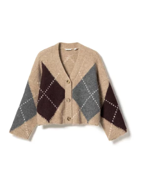 Sweter Noella wełniany z wzorem argyle beżowy