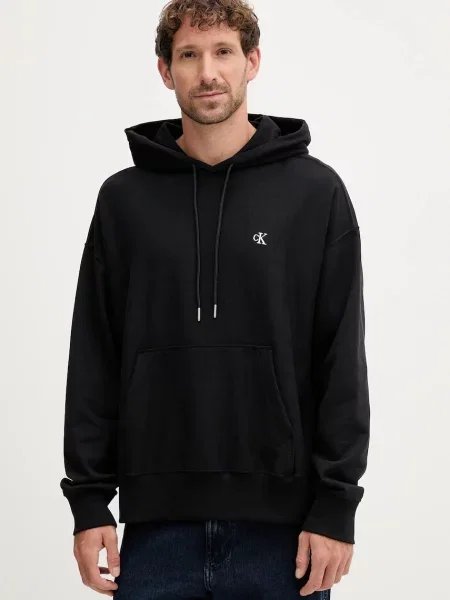 Dukserica Calvin Klein Jeans s kapuljačom bez uzorka crna