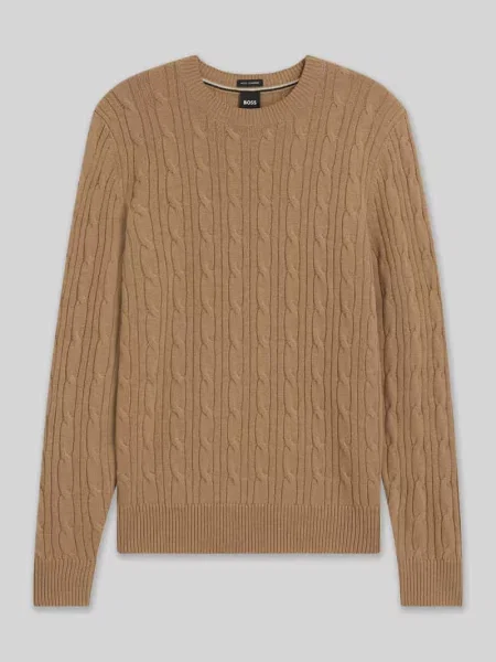 Sweter z dzianiny o kroju regular fit z mieszanki żywej wełny i kaszmiru model ‘HETICO’ Boss beżowy