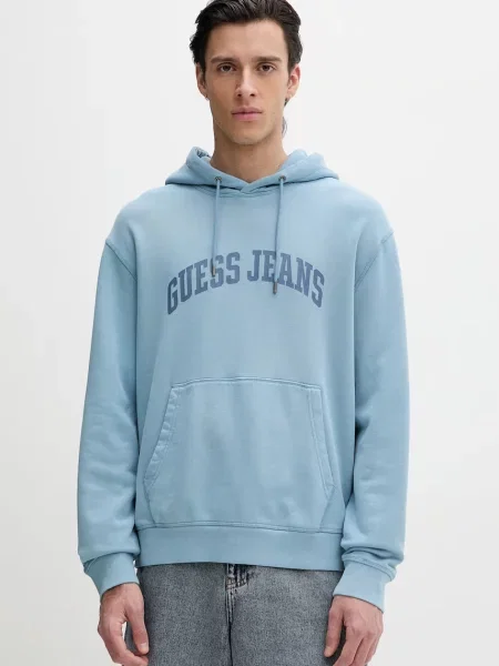 Guess Jeans dukserica sa kapuljačom za muškarce od pamuka plava
