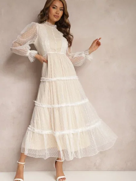 Tiulowa Sukienka Maxi ze Wstawkami z Koronki i Ozdobnymi Aovena biała