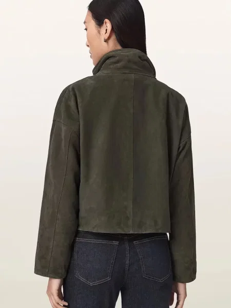 AllSaints jachetă scurtă pentru femei din piele verde