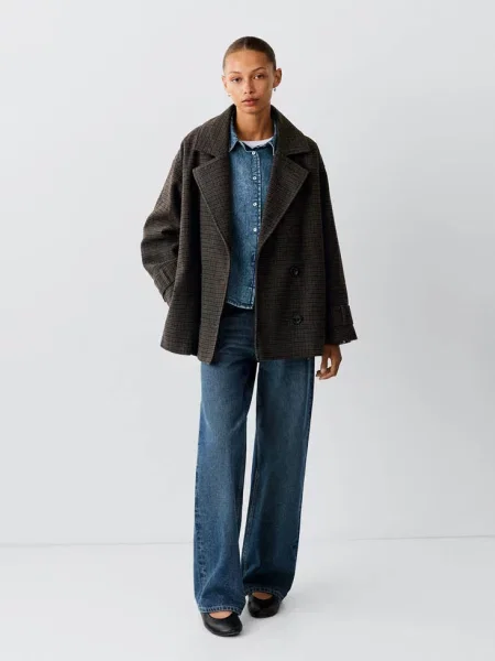 Oversize’owy płaszcz z tkaniny w kratę czekoladowy Teen L MANGO TEEN