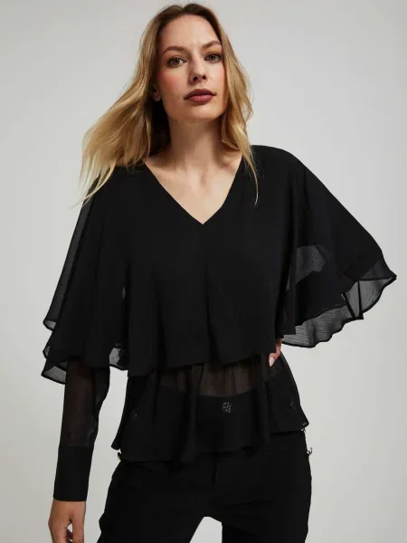 Cămașă Moodo cu decolteu în V plisată cu volane negru