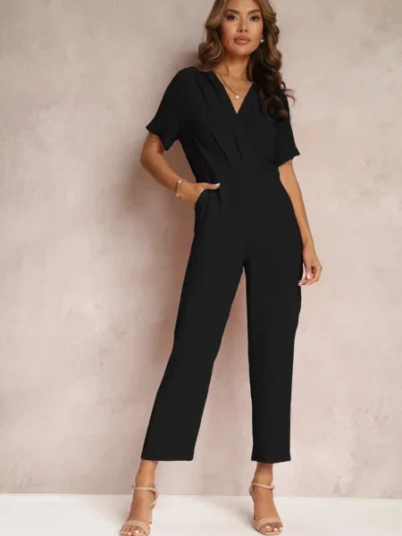 Salopetă cu Decolteu Petrecut și Mâneci Scurte din Coridsa neagră