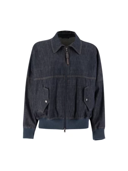 Haftowana kurtka jeansowa Brunello Cucinelli skórzana elegancka czarna