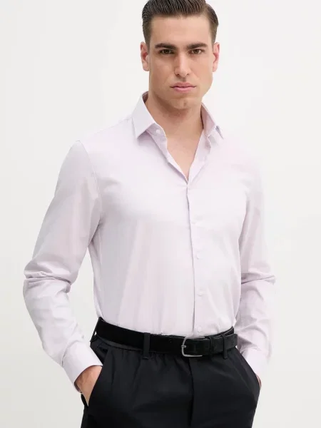 Риза Calvin Klein мъжка розово с кройка по тялото с класическа яка виолетово