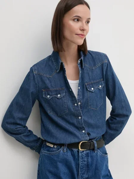 Дънкова риза United Colors of Benetton дамска със стандартна кройка с класическа яка синьо