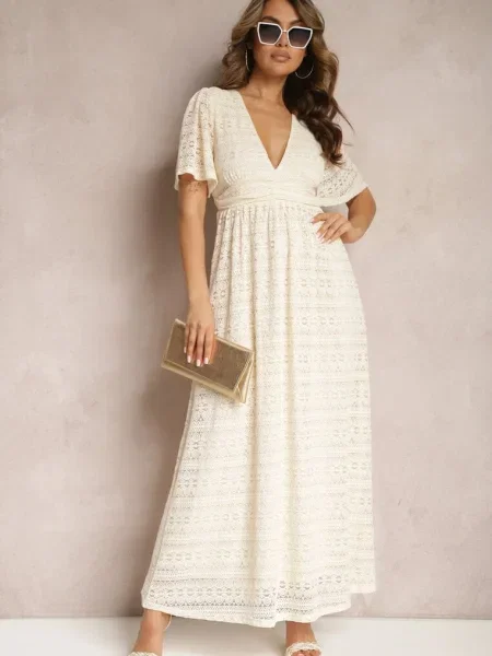 Rochie lungă deschis din dantelă ajurata cu în talie Gemisa bej