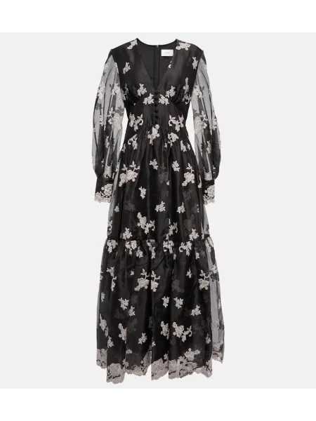 Копринена рокля Erdem бродирана на цветя черно