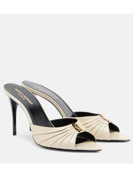 Papuci tip mules Saint Laurent din piele alb