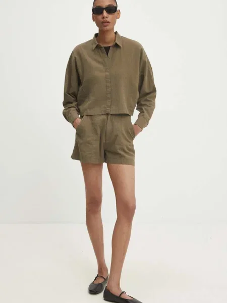 Къс панталон с лен Answear Lab с изчистен дизайн с висока талия зелено