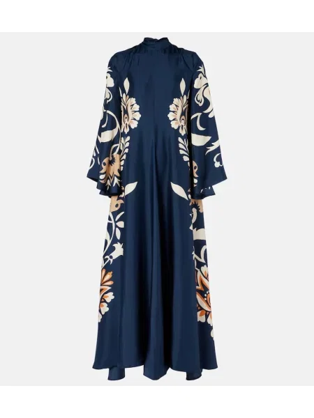 Jedwabna sukienka maxi La Doublej w kwiatki garniturowa niebieska