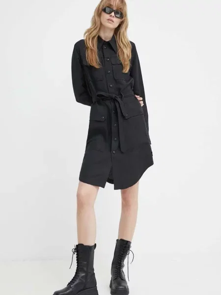 G-Star Raw sukienka z domieszką lnu mini rozkloszowana czarny