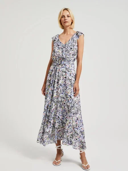 Rochie Moodo cu model floral cu volane de costum albastru